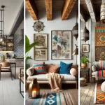 Home interior featuring modern, rustic, and eclectic decor styles with a mix of textures, colors, and furnishings.