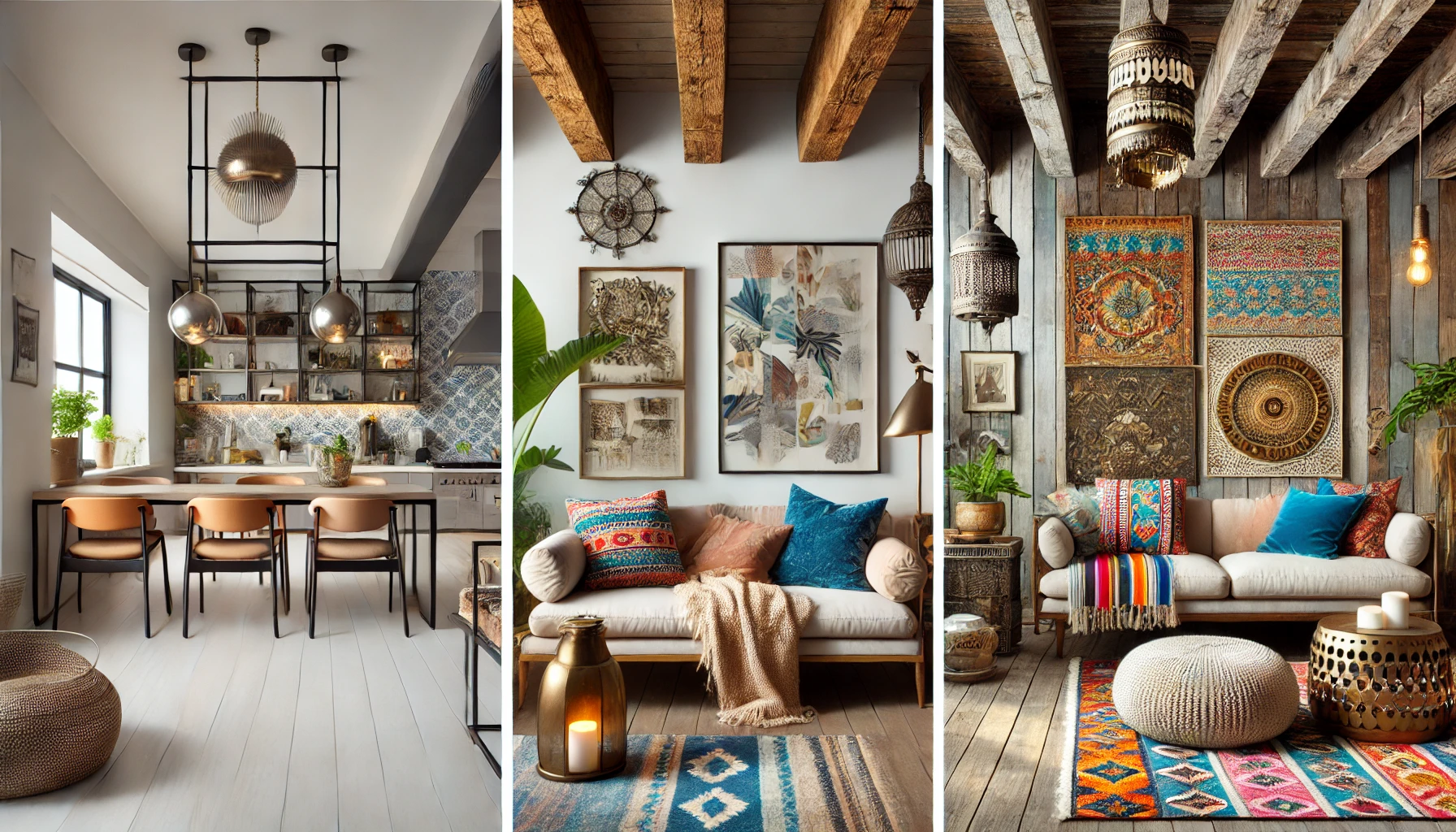 Home interior featuring modern, rustic, and eclectic decor styles with a mix of textures, colors, and furnishings.