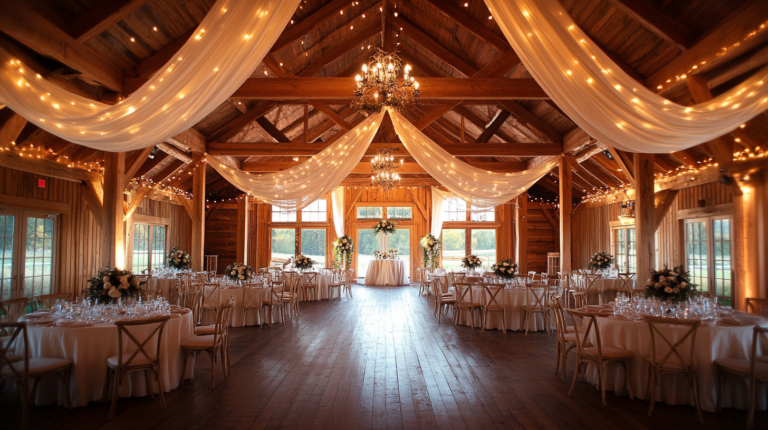 A beautifully decorated rustic barn wedding reception venue with draped white fabric and twinkling string lights hanging from wooden beams. Tables are set with white linens, floral centerpieces, and elegant place settings.
