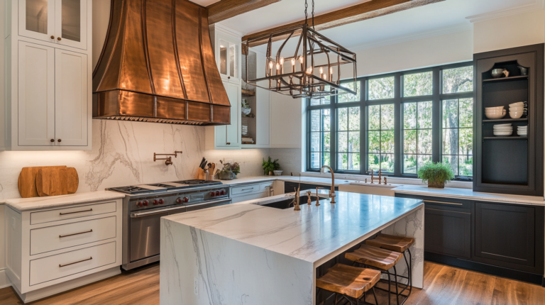Modern kitchen with a polished copper hood and minimalist decor.