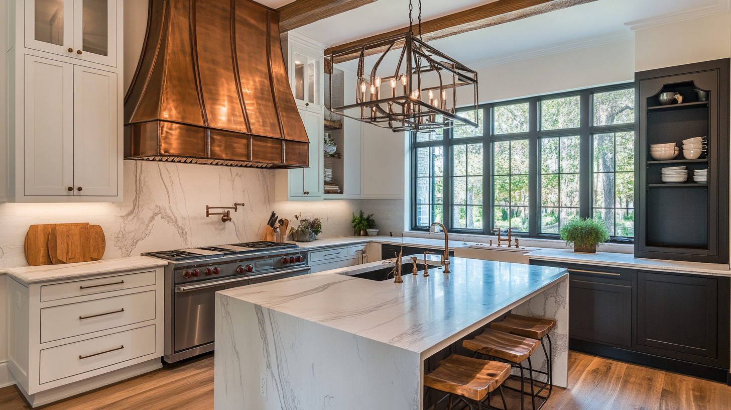 Modern kitchen with a polished copper hood and minimalist decor.