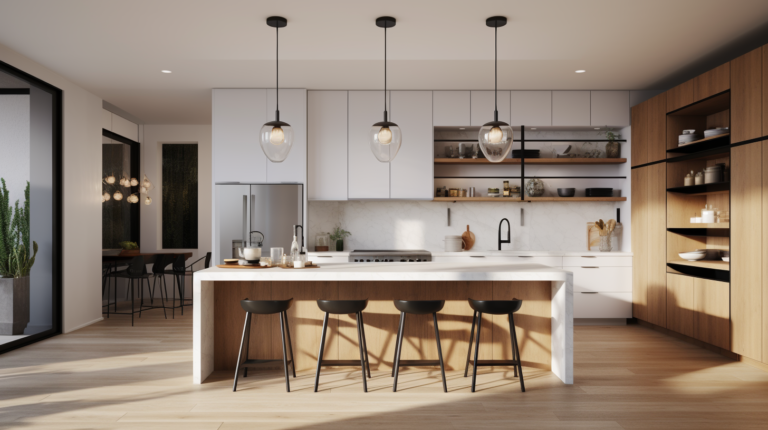 A modern kitchen island with elegant seating, ample storage, and stylish pendant lighting, fitting for various kitchen sizes and layouts.