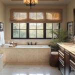 Elegant bathroom with a soaking tub, large windows, double vanity, marble countertops, and soft natural lighting, creating a relaxing spa-like atmosphere.