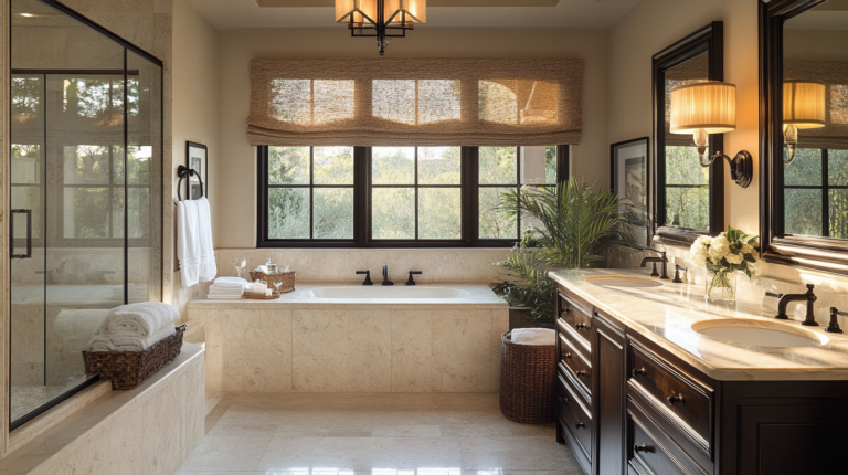 Elegant bathroom with a soaking tub, large windows, double vanity, marble countertops, and soft natural lighting, creating a relaxing spa-like atmosphere.