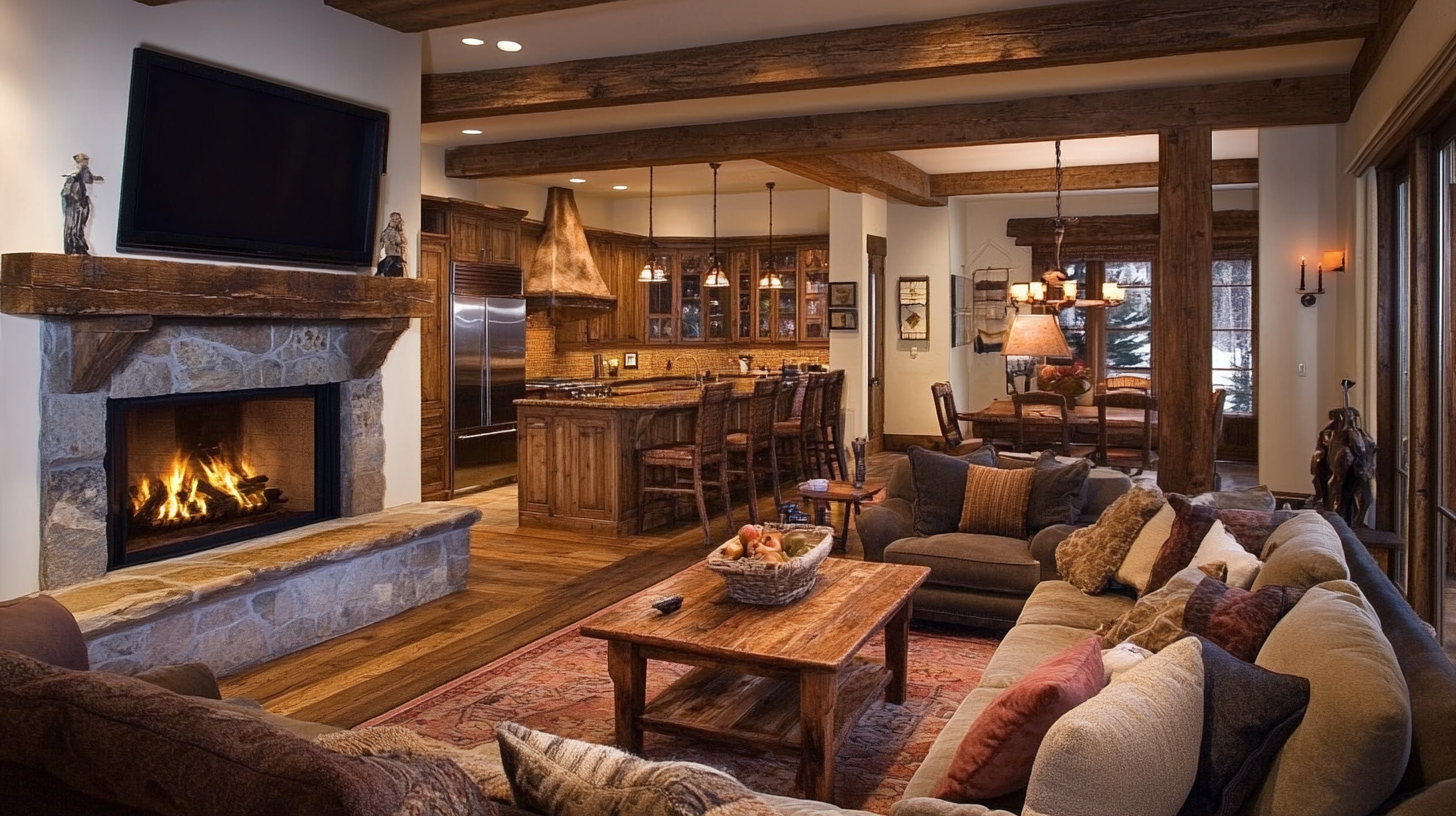 Rustic open-concept living room and kitchen with exposed wooden beams, a cozy stone fireplace, comfortable seating, and warm lighting, creating a welcoming and homey atmosphere.