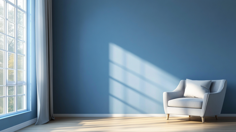 Living room with deep blue walls, cozy seating, and soft lighting, creating a warm and inviting atmosphere.