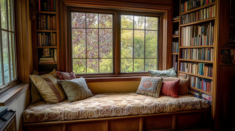 A cozy reading nook with a large window, cushioned seat, and built-in bookshelves filled with books.