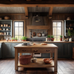 Rustic farmhouse kitchen with wooden beams, a large island, and open shelving filled with pottery, plants, and kitchen essentials, creating a warm and inviting atmosphere