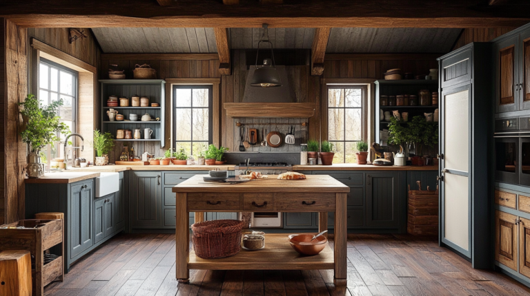 Rustic farmhouse kitchen with wooden beams, a large island, and open shelving filled with pottery, plants, and kitchen essentials, creating a warm and inviting atmosphere