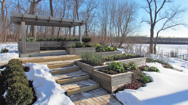 A beautifully designed raised garden bed in a snowy winter setting with fresh greenery growing under a wooden pergola surrounded by bare trees and a clear blue sky.