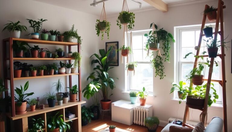 This picture depicts a variety of different ways to display house plants.