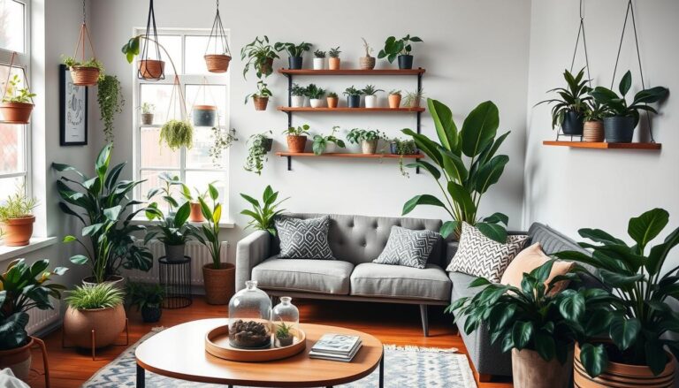 Beautifully displayed house plants on the ground and on shelves on the wall.