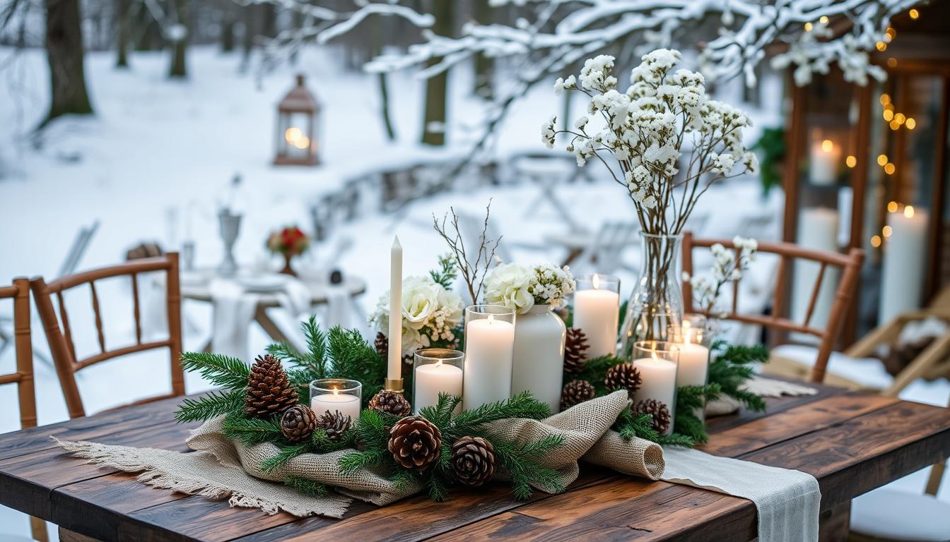 Winter wedding centerpiece on a rustic wooden table featuring evergreen branches, pinecones, white candles, and delicate white flowers. Snow-covered outdoor setting with lanterns and fairy lights in the background.