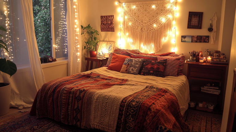 Cozy bohemian bedroom with string lights, colorful bedding, and macrame wall art.