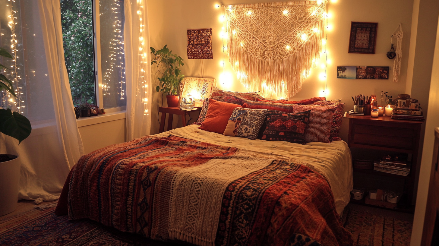 Cozy bohemian bedroom with string lights, colorful bedding, and macrame wall art.