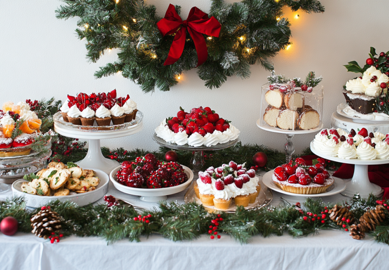 Festive winter dessert table with a variety of holiday-themed cupcakes, cakes, and treats, decorated with berries, whipped cream, and winter greenery. A garland with lights and a red bow hangs above, adding to the holiday ambiance.