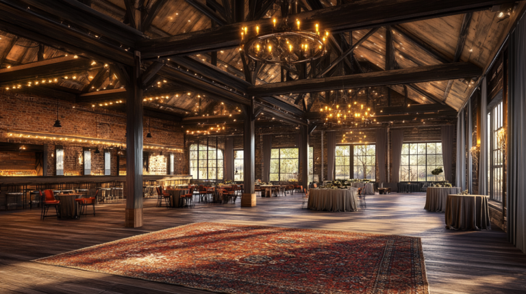 Spacious rustic event hall with exposed brick walls, large windows, and high wooden beams. Warm lighting from chandeliers and string lights illuminates the room, which features round tables with linen cloths and a vintage area rug.
