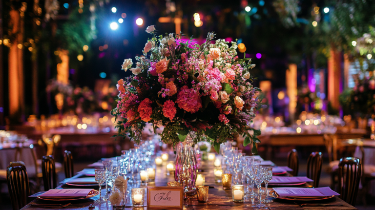 Elegant wedding table centerpiece featuring a rustic ceramic vase with vibrant orange and white roses, daisies, and greenery. The table is set with glassware, silverware, and a place card that reads "Buongiorno!" in a warm, cozy ambiance.