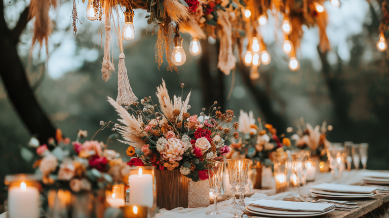 Boho wedding table setup with rustic floral centerpieces, pampas grass, dried flowers, and glowing candles. Overhead, warm hanging lights and tassel decor create a romantic and cozy atmosphere.