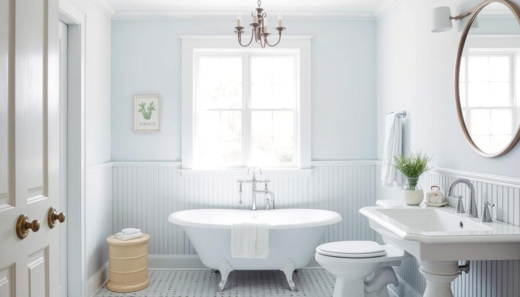 pale blue paint and beadboard wainscoting