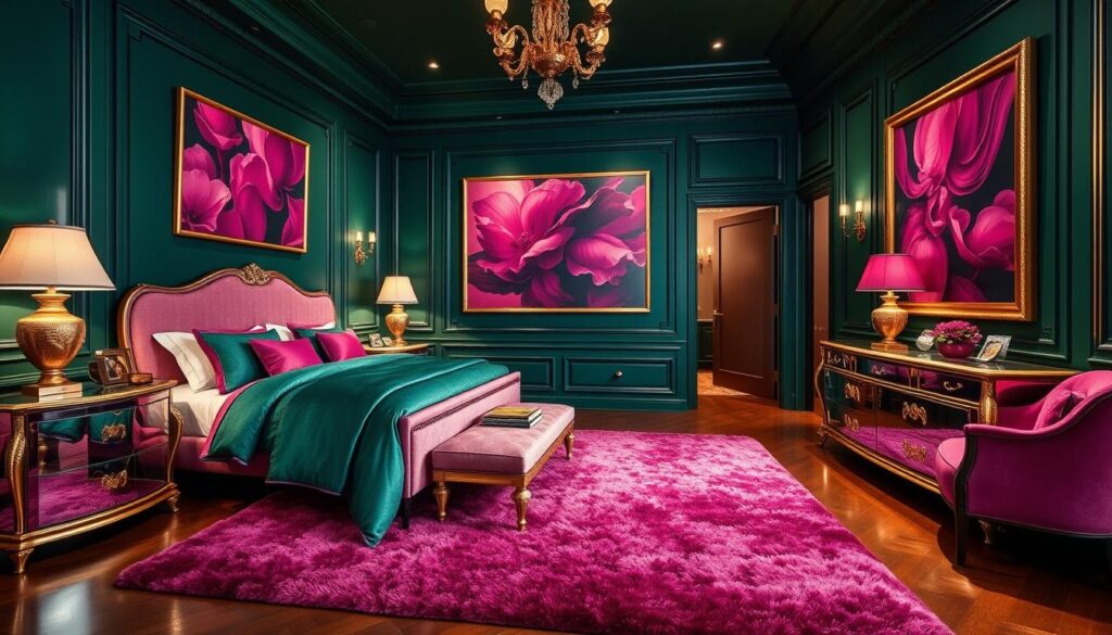 bold emerald and fuchsia bedroom design