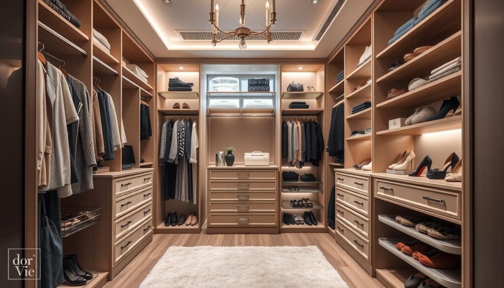 walk-in closet ideas with drawers and shelves