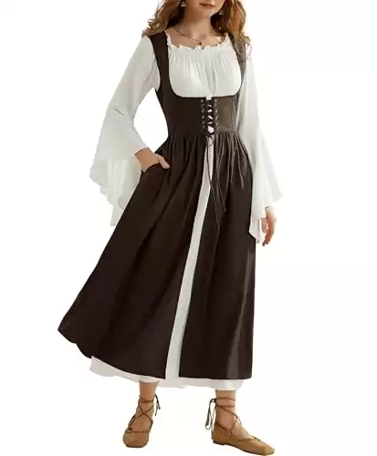 Renaissance Faire Costume Women Medieval Costume Irish Set Dress Long Sleeve Peasant Dress Brown L