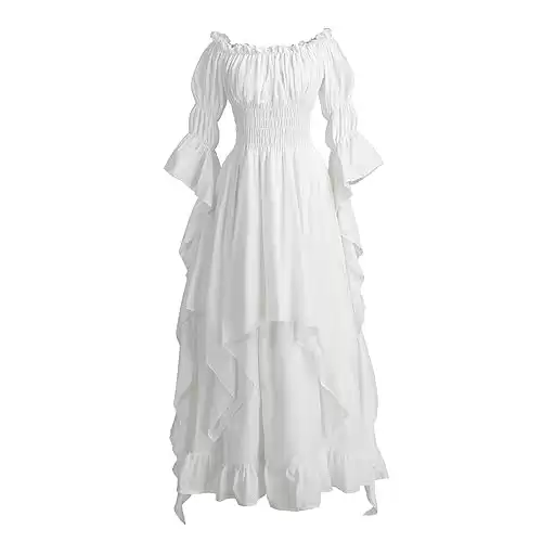 LTAKK Renaissance Dress Medieval Costume Victorian Dresses Women Peasant Gothic Fairy Witch Wedding Under Dress, White, S/M