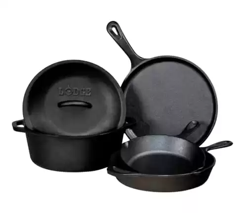 Lodge Seasoned Cast Iron 5 Piece Bundle: Griddle, Skillets, Dutch Oven and More