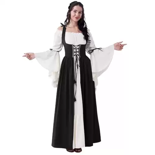 Spooktacular Creations Black Renaissance Costume Women, Medieval Chemise, Ren Faire Dress, Irish Overdress, Renaissance Corset with Trumpet Sleeve for Cosplay, Wedding-L