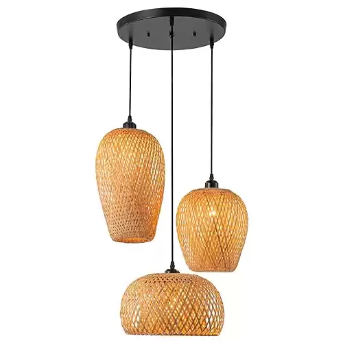 Rattan Pendant Light Bamboo Hanging Light 3-Lights Fixture