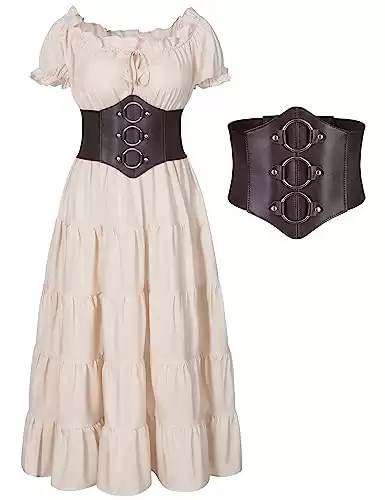 Elegant Renaissance Medieval Costume Pirate Cosplay Dress Corset Waist Belt Set(Beige L)