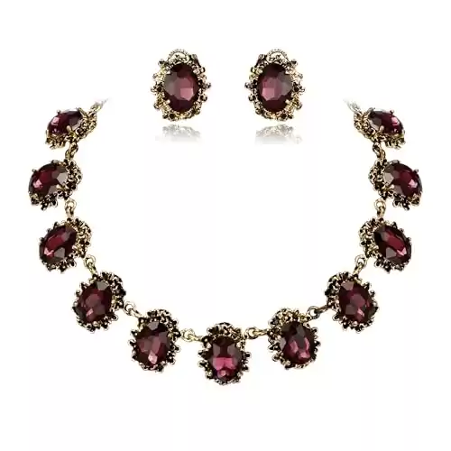 BriLove Victorian Style Statement Necklace Pierced Earrings Jewelry Set for Women Crystal Floral Cameo Inspired Oval Earrings Amethyst Color Antique-Gold-Tone