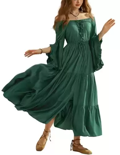 Women Renaissance Faire Costume Off Shoulder Long Bell Sleeve Peasant Dress Green M