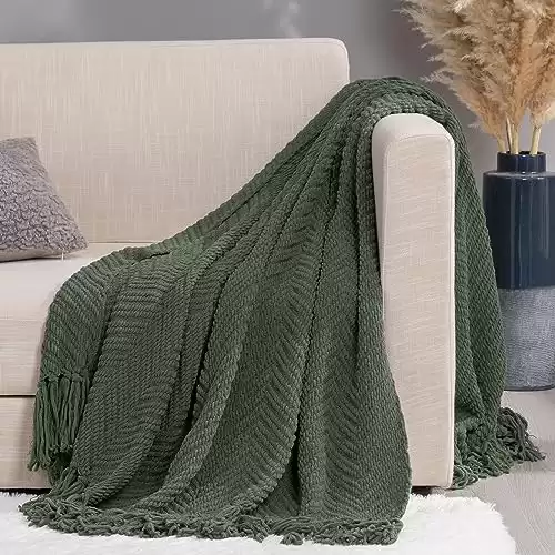 RECYCO Knit Chenille Throw Blanket, Textured Knitted Throw Blankets w/Tassels, Decorative Warm Soft Woven Throw for Couch Bed, Dark Green, 50x60 in