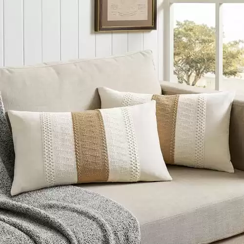 ZeeMart 2 Packs Cotton Boho Lumbar Throw Pillow Covers 12x20 Inch Contrast Brown, Soft Farmhouse Decorative Couch Pillow Cases Neutral Cushion Covers for Sofa Bed Living Room Home Decor