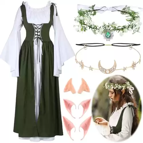 Bonuci Women Renaissance Dress Medieval Costume Women with Elf Ears, Moon Head Chain and Woodland Fairy Crown for Carnival(Small/Medium,Light Green)